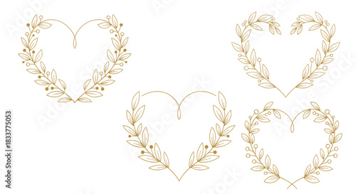 Collection of five beautiful golden heart-shaped wreaths made with delicate botanical leaves and berries for a romantic design.