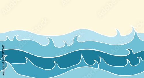 Seamless horizontal banner with stylized blue ocean waves in a simple hand-drawn style on a light yellow sand colored background.
