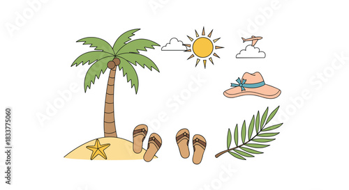 Hand-drawn summer beach vacation icon set with a palm tree on a tropical island sun and flip-flops in a cute doodle style.