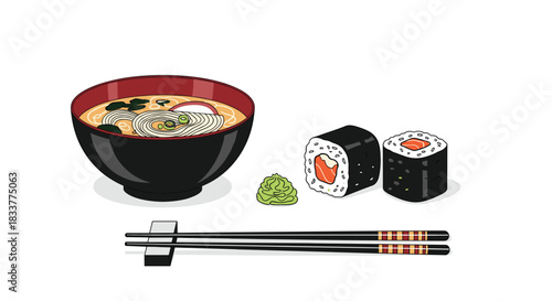 Japanese food set with a bowl of ramen noodle soup two maki sushi rolls wasabi and chopsticks isolated on white background.