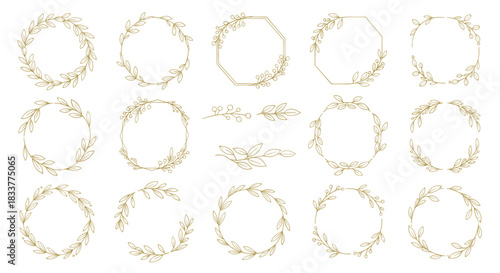 Large collection of elegant golden wreaths and geometric frames decorated with botanical leaves for a luxury wedding invitation.