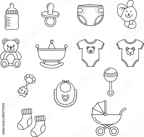 Baby Products Line Icon Set Milk Bottle Pacifier Diaper Onesie Toy