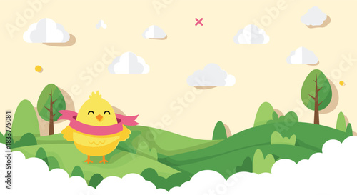 Cute yellow Easter chick standing in a green paper cut landscape with rolling hills and clouds in the sky vector illustration.