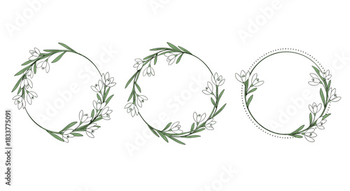 Set of three delicate hand-drawn circular wreaths made of green leaves and little white spring flowers for a wedding invitation.