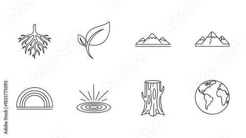 Minimalist nature themed icons: roots, leaf, mountains, rainbow, and earth symbols