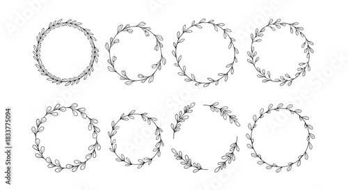 Collection of eight hand-drawn circular wreaths made of delicate botanical branches and leaves in a rustic doodle sketch style.