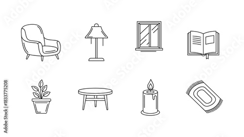 Minimalist outline icons of home decor elements for interior design