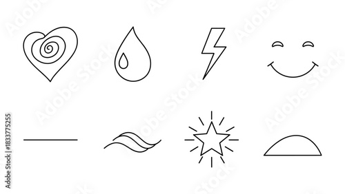 Simple linear icons set: heart, raindrop, lightning, smile, line, wave, star, sun