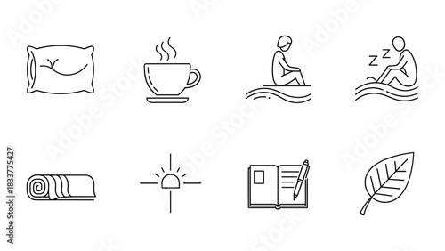 Minimalist icons of relaxation and mindfulness activities for wellbeing