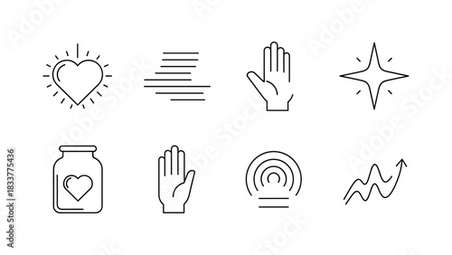 Minimalist line icons set featuring heart, hands, and abstract elements