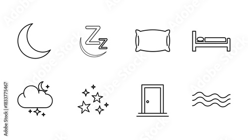 Minimalist sleep icons set with moon, stars, and pillow in linear design