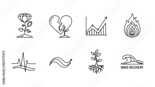 Minimalist line art icons featuring growth, nature, and progress symbols