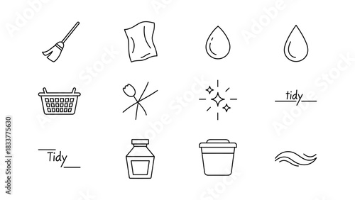 Minimalist cleaning icons set featuring everyday household items