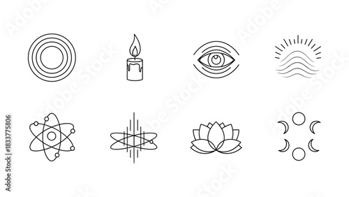 Minimalist line style icons of spiritual and scientific symbols