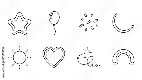 Minimalist line art: star, balloon, confetti, moon, sun, heart, sparkles, rainbow icons