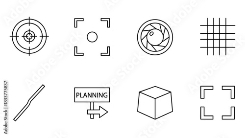 Minimalist outline icon set: target, focus, camera lens, grid, planning sign, cube