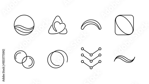 Minimalist geometric symbols set: modern thin line art shapes with waves and curves