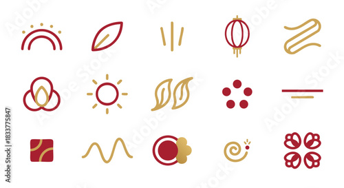 Elegant red and gold geometric icons celebrating Chinese New Year traditions and culture