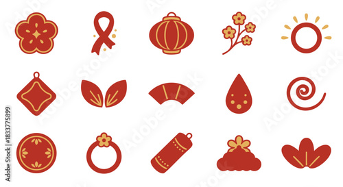 Celebrate Lunar New Year with festive red and gold icons for joyful traditions design
