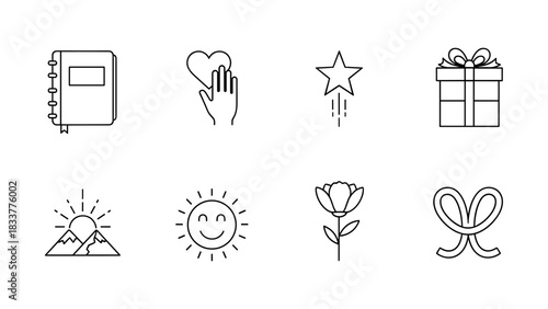 Minimalist line icons of journal, gratitude, star, gift, sunrise, sun, flower, ribbon