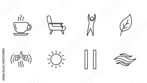 Minimalist icon set of coffee, relaxation, nature, and wellness symbols