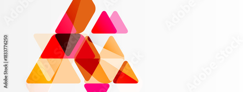 Abstract triangles overlap, creating warm color gradients. Design features orange, pink, red hues on white background. Modern aesthetic.