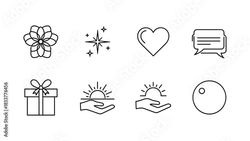 Minimalist line icons: flower, heart, gift box, and more