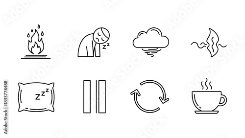 Minimalist line art icons of sleep, coffee, and relaxation themes