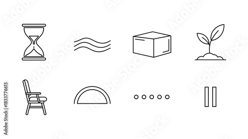 Minimalist icons set: hourglass, waves, box, plant, chair and more