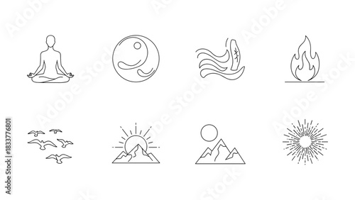 Minimalist line art symbols of meditation, elements, and nature icons