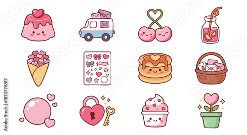 Sweet kawaii Valentine's illustrations perfect for stickers, cards, and digital designs