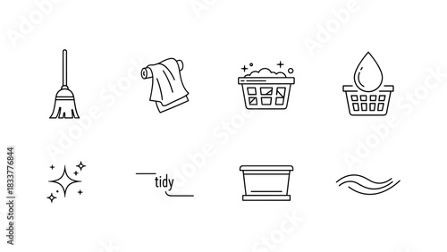 Minimalist cleaning icons set: broom, towel, basket, and sparkle designs