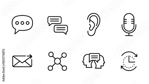 Linear communication icons: chat, ear, microphone, email, networking, conversation, time