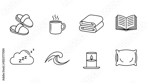 Cozy minimalist icons: relaxation and comfort elements in black and white
