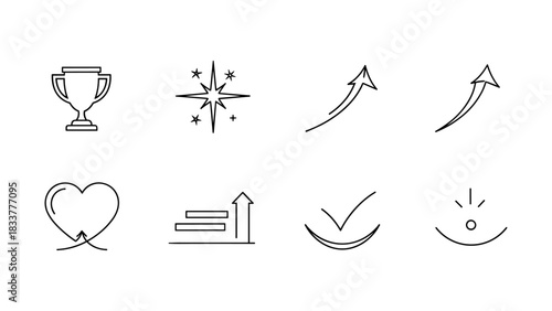 Minimalist icon set: success, growth, and achievement themes in line design