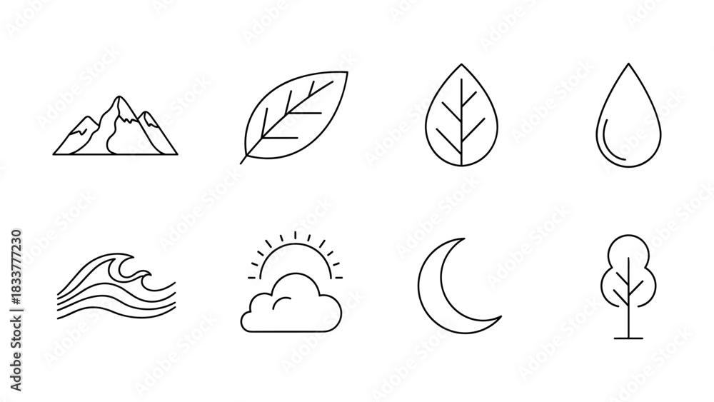 Naklejka premium Minimalist nature icons set featuring mountains, leaves, water, sun, moon, and trees in linear style