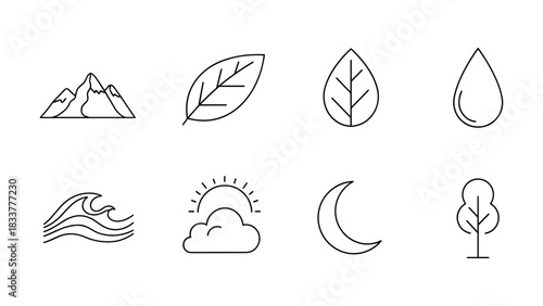 Minimalist nature icons set featuring mountains, leaves, water, sun, moon, and trees in linear style