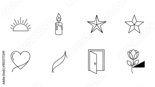 Minimalist linear icons: heart, star, candle, open door, and more