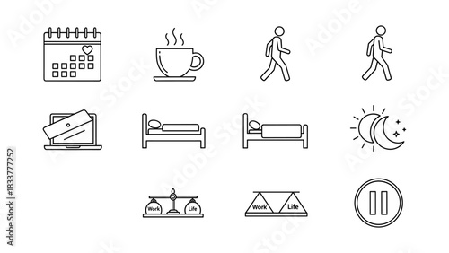 Daily routine icons: work-life balance, sleep, and relaxation in linear design