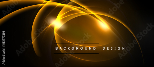 Abstract golden lines create dynamic energy. Bright center draws focus against dark backdrop. Modern design element.