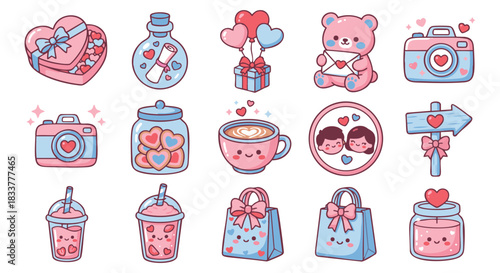 Adorable Valentine's Day themed kawaii sticker set to design cute cards and gifts online