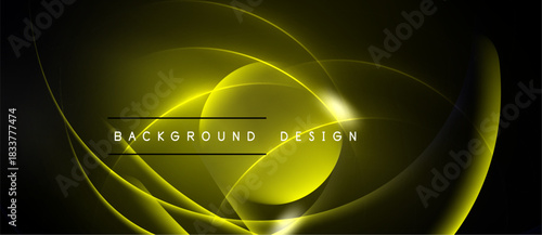 Abstract yellow lines create dynamic curves. Dark background emphasizes glowing shapes, modern design element. Simple text reads background design.