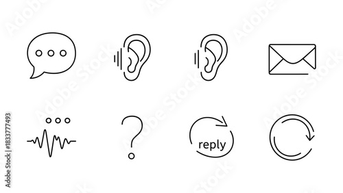 Minimalist communication icons set featuring linear ear, speech bubble, and email envelope symbols