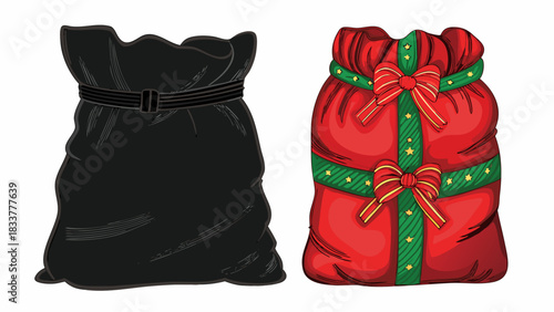 Santa's contrasting sacks black for naughty red for nice Christmas cheer holiday season vector