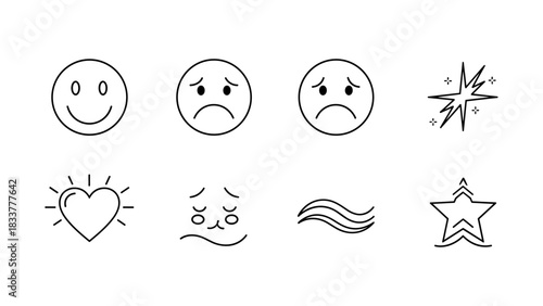 Minimalist emoji set with happy and sad faces, expressions, and symbols
