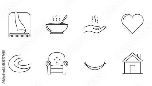Cozy home essentials: minimalist line icons for comfort and relaxation