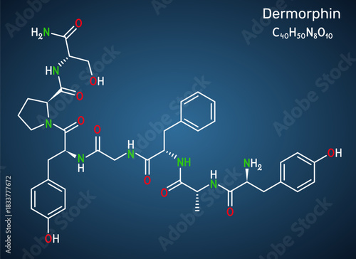 Dermorphin molecule. Natural opioid neuropeptide with strong analgesic activity.  Dark blue background. Skeletal chemical formula. Vector illustration