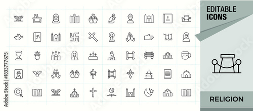 Set of Religion line icon. Contains such symbols as christianity, pray, catholic, religious, ritual and more. Thin UI icons. Holy modern icon set. Vector illustration.