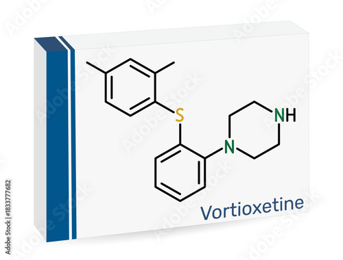 Vortioxetine molecule. Antidepressant drug for treatment of major depressive disorder (MDD). Skeletal chemical formula. Paper packaging for drugs. Vector illustration