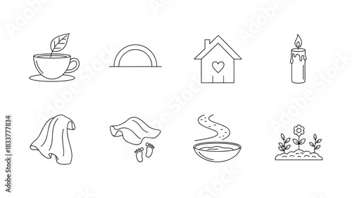 Minimalist line art icons of tea cup, rainbow, house, candle, towel, blanket, path, and garden